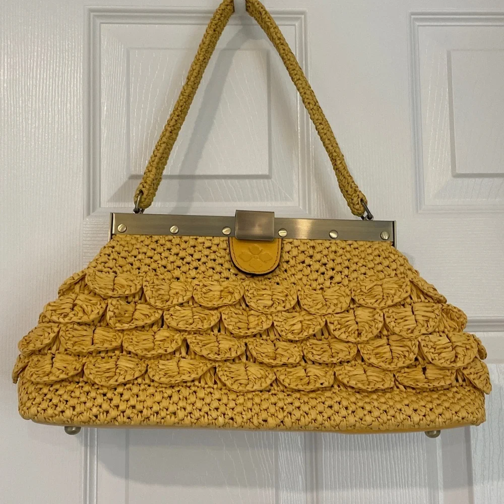 Patricia  Nash butter yellow Woven Raffia vintage inspired Satchel shoulder bag